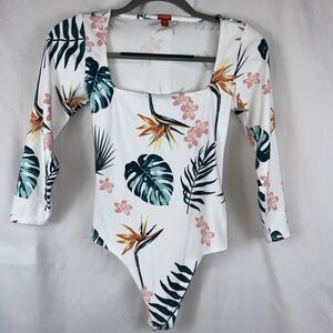 Guess Long Sleeve Floral Tropical Ribbed Bodysuit Small